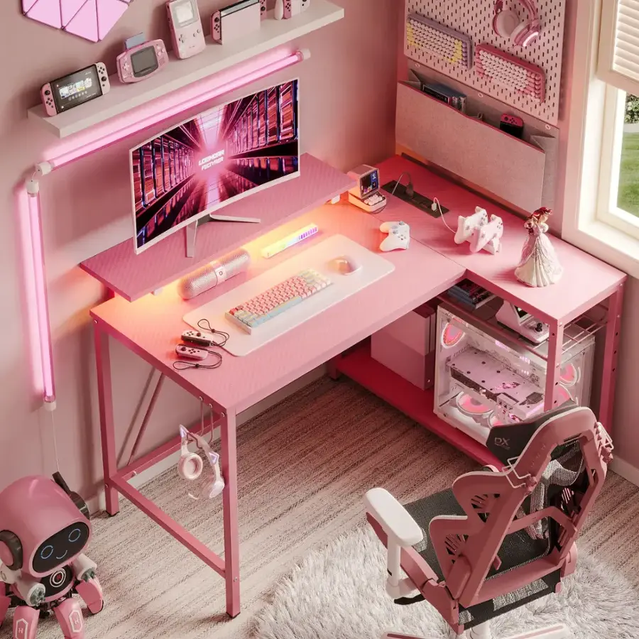 Pdcf Desk Bestier L Shaped Gaming Desk with Power Outlets LED Lights and ...