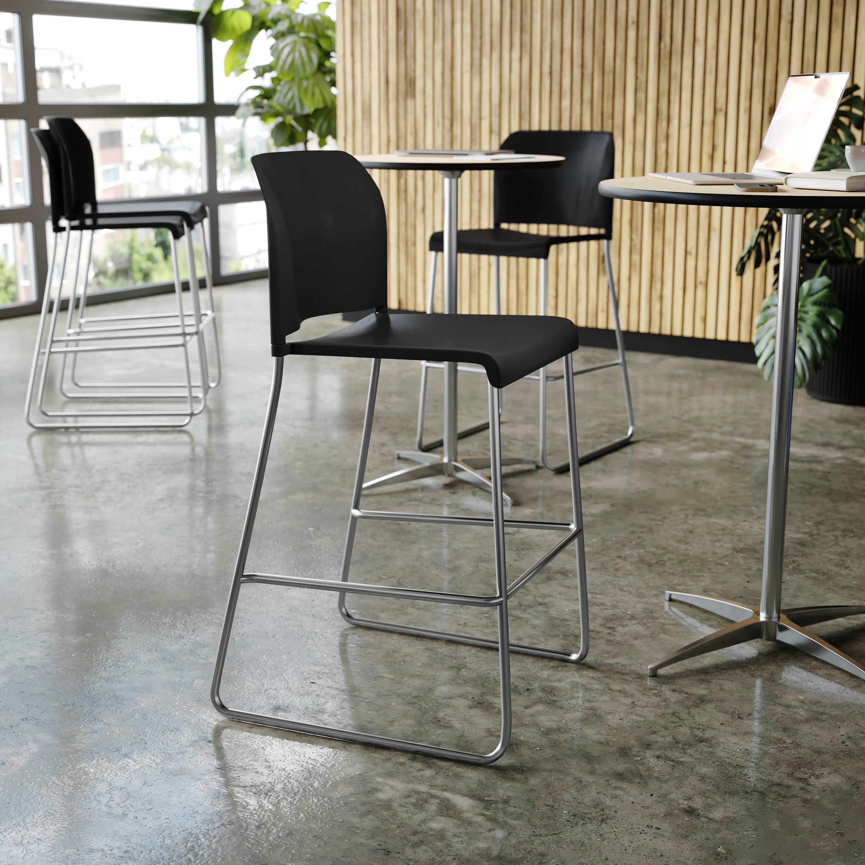 Alt View 4. Emma + Oliver - Calliope Stackable Office Reception Barstool with Contoured Backrest and Chrome Sled Base - Black Plastic/Chrome Frame.