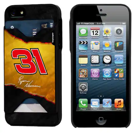 Sure, here is the corrected and grouped text from the image:
---
**Front of the Case:**
- 31
- Ryan Newman
**Back of the Case:**
- E A IRE TO
- keyscaper
- 31
- Ryan Newman
- FANATICS
**Phone Screen:**
- FANATICS
- 9:41 AM
- Wednesday
- 12 Messages
- Calendar
- Photos
- Camera
- 260
- 73 Videos
- Maps
- Weather
- Passbook
- Notes
- Reminders
- Clock
- Stocks
- Newsstand
- iTunes
- App Store
- Game Center
- Settings
- Phone
- Mail
- Safari
- Music
---