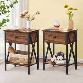 Hivvago - Set of 2 - Rustic 1 Drawer Nightstand and Black Wood Finish - Brown