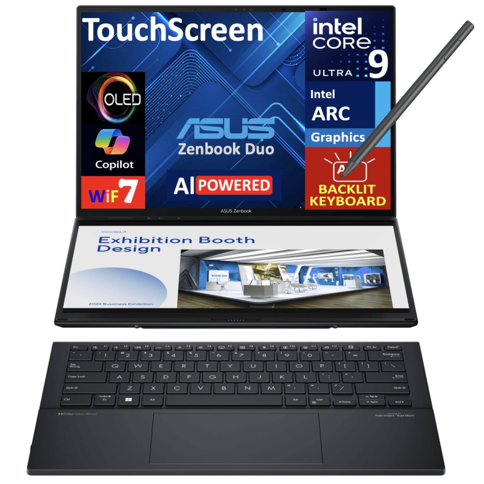 TouchScreen intel CORE ULTRA 9 Intel OLED ARC ASUS Graphics Zenbook Duo Copilot A 7 Al POWERED BACKLIT WiF KEYBOARD ASUS Zenbook ERLA Exhibition Booth Design