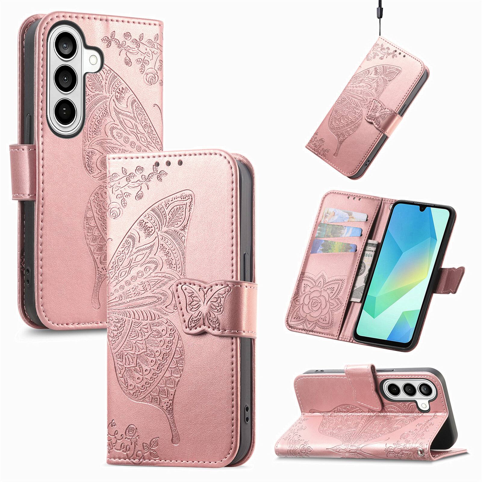 Angle. Dteck - Wallet Case for Samsung Galaxy S25 FE, Embossed Butterfly Pattern Leather Card Slots Flip Stand Cover+Strap - Rosegold.
