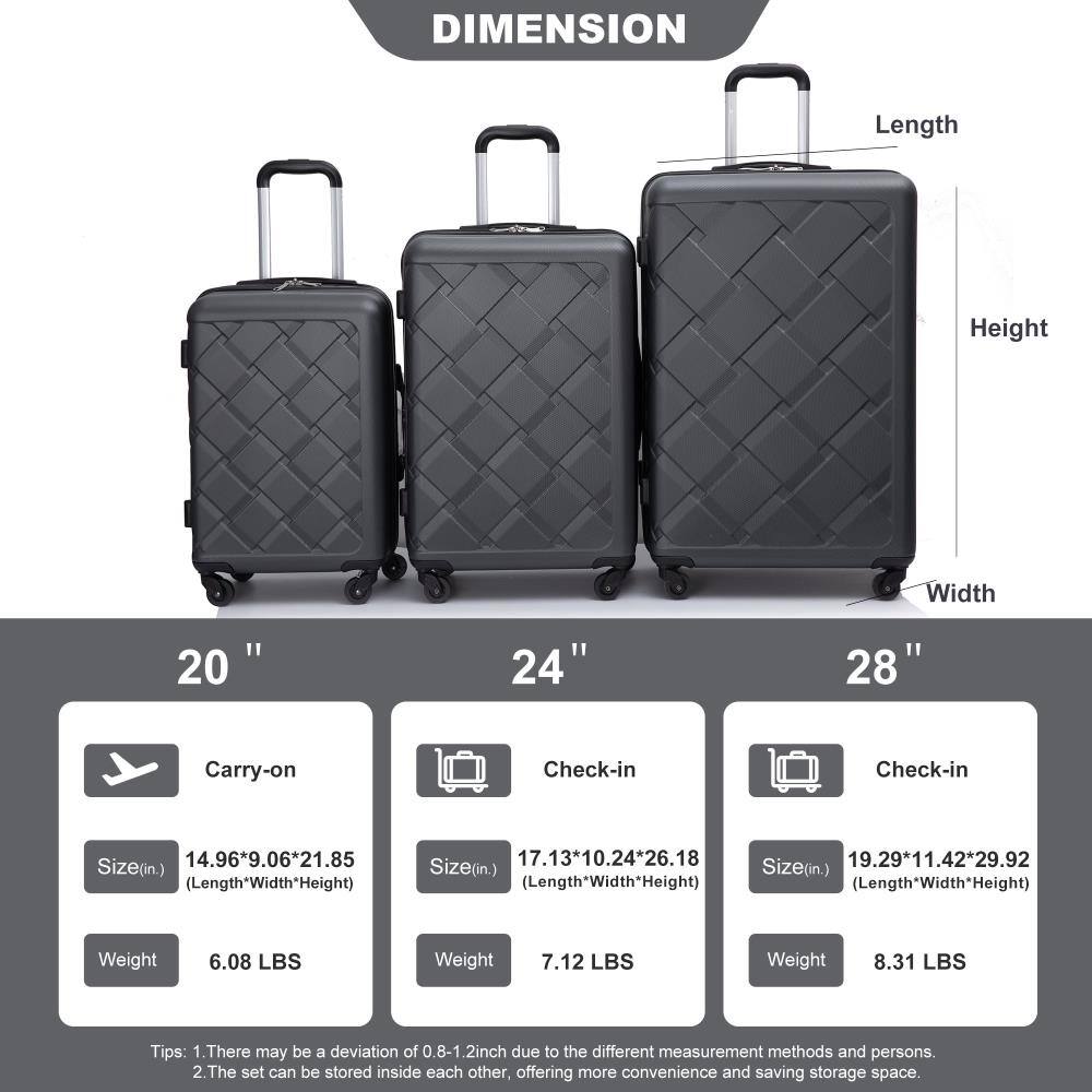 **DIMENSION**

- **20" Carry-on**
  - Size (in): 14.96" x 9.06" x 21.85" (Length x Width x Height)
  - Weight: 6.08 LBS

- **24" Check-in**
  - Size (in): 17.13" x 10.24" x 26.18" (Length x Width x Height)
  - Weight: 7.12 LBS

- **28" Check-in**
  - Size (in): 19.29" x 11.42" x 29.92" (Length x Width x Height)
  - Weight: 8.31 LBS

**Tips:**
1. There may be a deviation of 0.8-1.2 inch due to the different measurement methods and persons.
2. The set can be stored inside each other, offering more convenience and saving storage space.