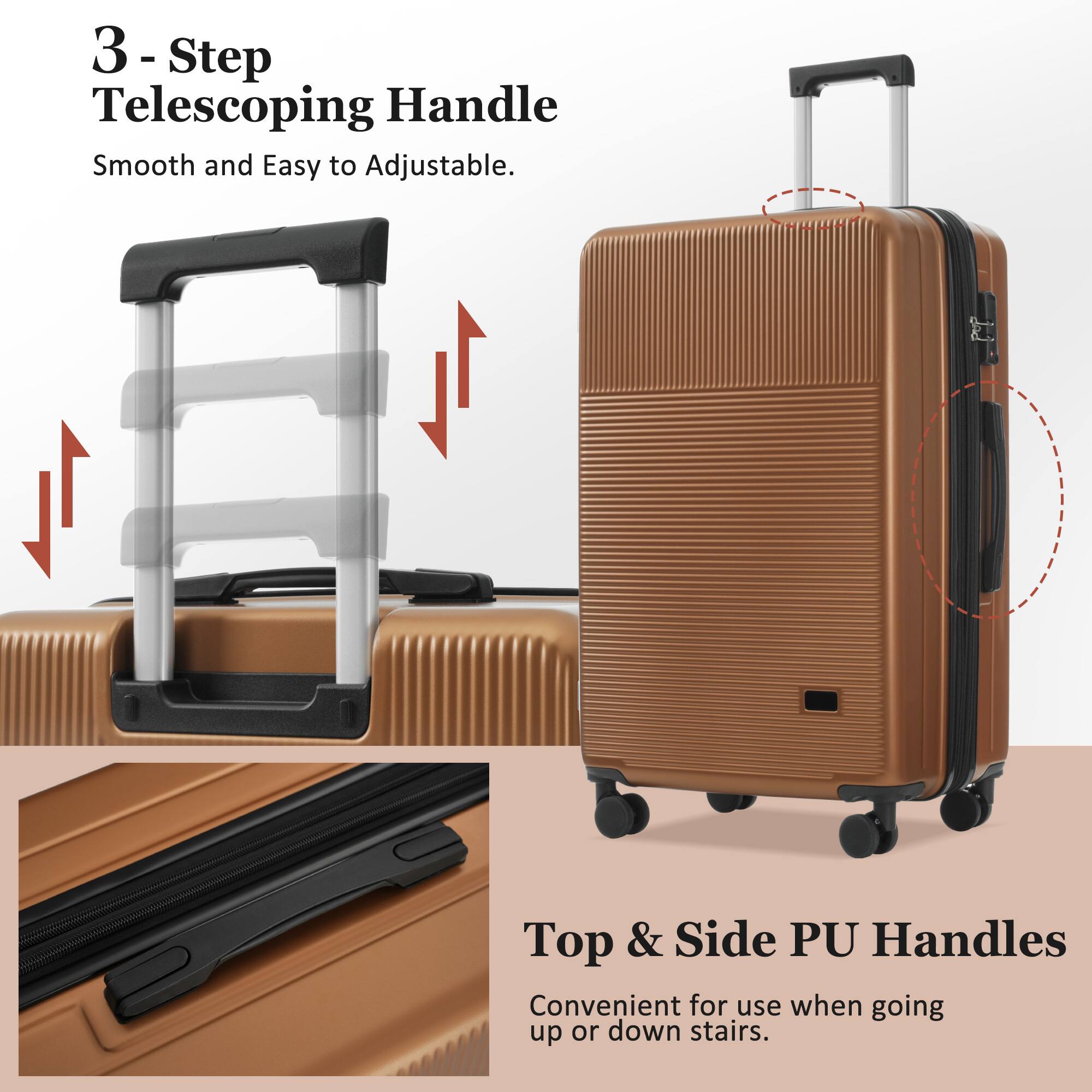 3-Step Telescoping Handle  
Smooth and Easy to Adjustable.  

Top & Side PU Handles  
Convenient for use when going up or down stairs.