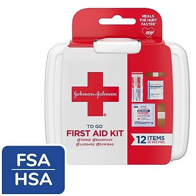 HEALS THE HURT FASTER

Johnson & Johnson

TO GO FIRST AID KIT
FOR PURSE & BACKPACK
LUGGAGE & GYM BAG

12 ITEMS
SEE BACK PANEL

FSA HSA