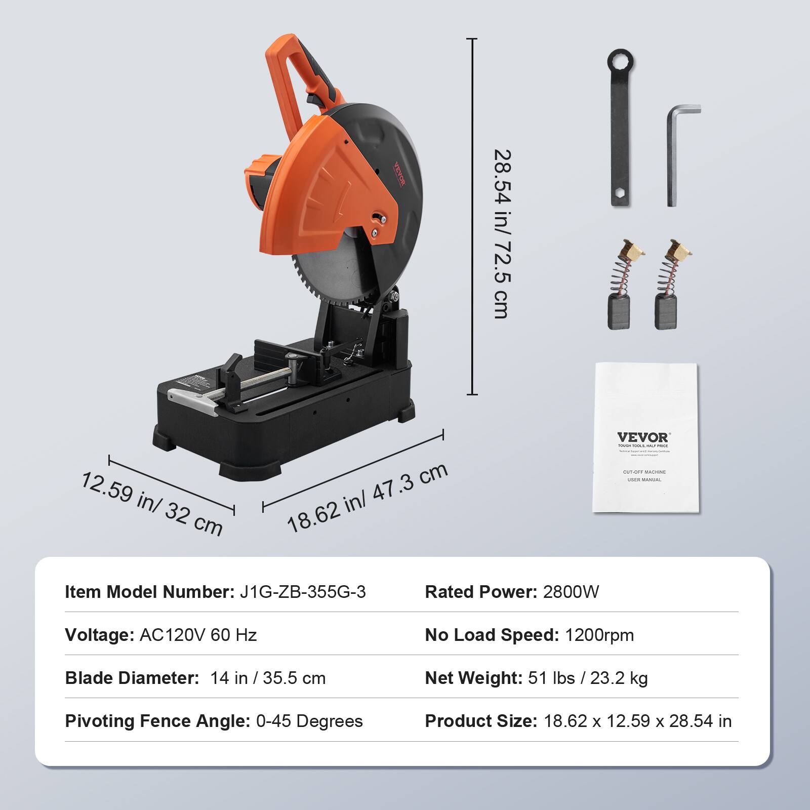 ROYBY

28.54 in/ 72.5 cm  
12.59 in/ 32 cm  
47.3 cm in/ 18.62

VEVOR - 100% MLF PRAK Follow CUT OTT MACHINE paste MANORE

Item Model Number: J1G-ZB-355G-3  
Rated Power: 2800W  
Voltage: AC120V 60 Hz  
No Load Speed: 1200rpm  
Blade Diameter: 14 in / 35.5 cm  
Net Weight: 51 lbs / 23.2 kg  
Pivoting Fence Angle: 0-45 Degrees  
Product Size: 18.62 X 12.59 X 28.54 in