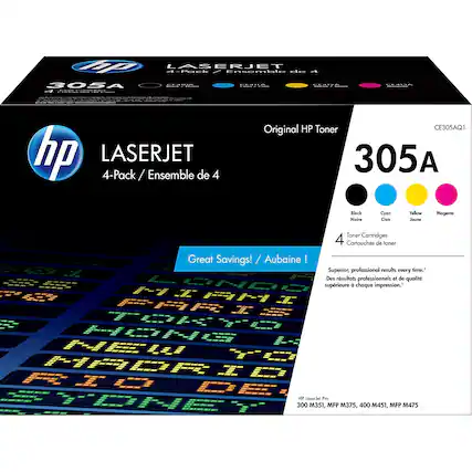 HP LASERJET 4-Pack / Ensemble de 4 Original HP Toner CE305AQ1 305A Black Noire Cyan Cian Yellow Jaune Magenta - 20 Great Savings! / Aubaine Toner Cartridges 4 Cartouches de toner Superior, professional results every time. Des résultats professionnels et de qualité supérieure à chaque impression. HP LaserJet Pro 300 M351, MFP M375, 400 M451, MFP M475
Original HP Toner 305A CE305AQ1
4-Pack / Ensemble de 4
Black Noire Cyan Cian Yellow Jaune Magenta
4 Cartouches de toner
Superior, professional results every time! Des résultats professionnels et de qualité supérieure à chaque impression.
HP LaserJet Pro 300 M351, MFP M375, 400 M451, MFP M475