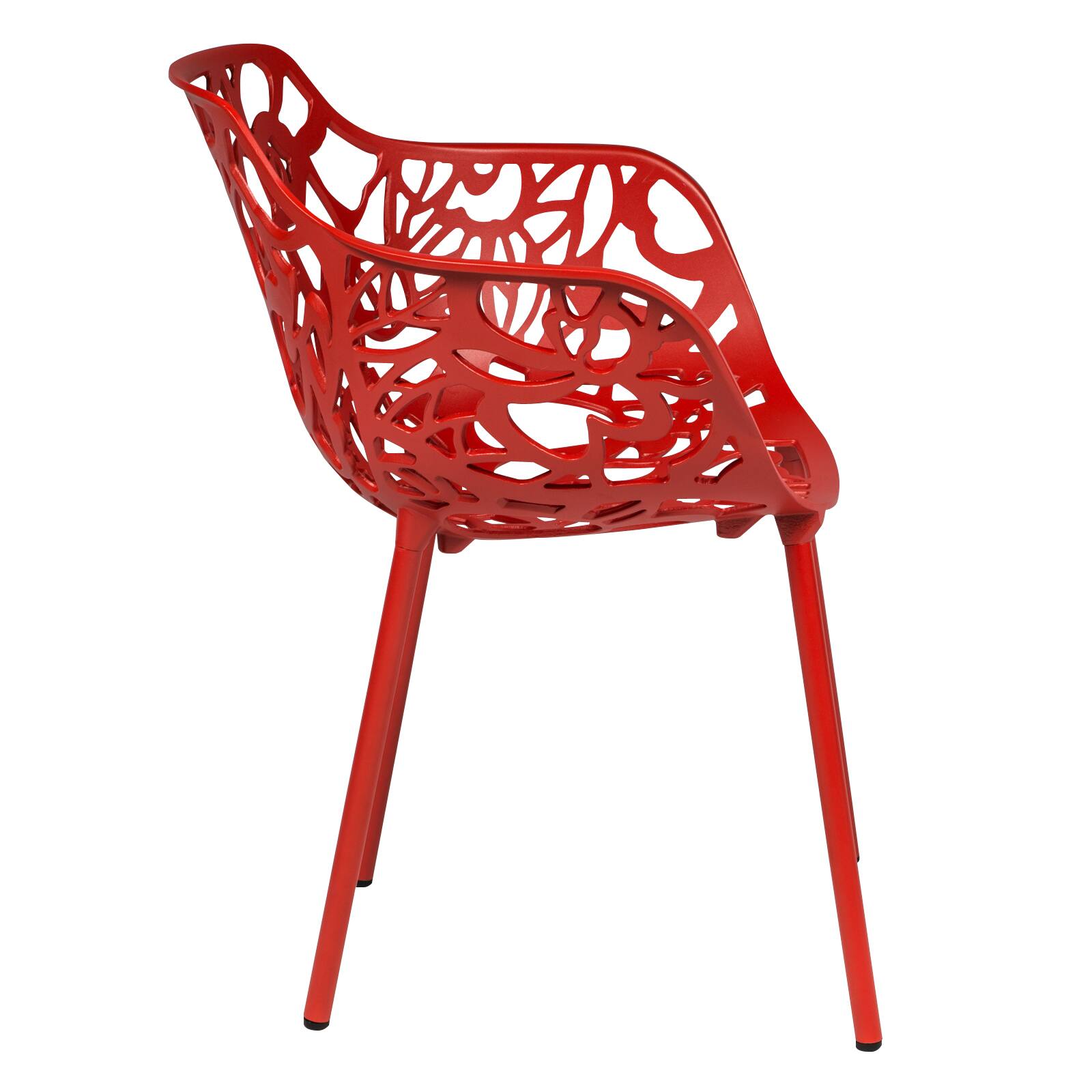 Back. LeisureMod - Devon (Set of 4) Aluminum Outdoor Dining Chair - UV & Rust Resistant Stackable Floral Accent Chair - Red.