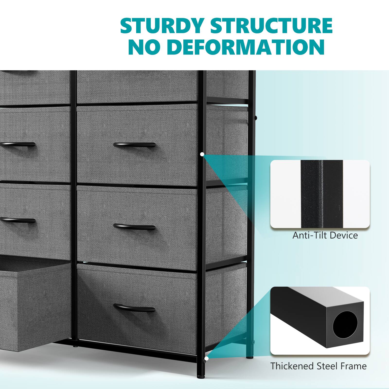 The image shows a sturdy structure with no deformation, featuring an anti-tilt device and a thickened steel frame.