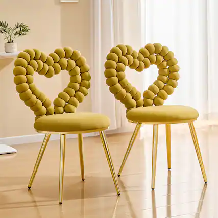 Front. Loheer - Loheer Heart Accent Chair Yellow Velvet Decorative Side Chair for Vanity Dining Room with Gold Metal Frame 2.9 ft - Gold,Yellow.