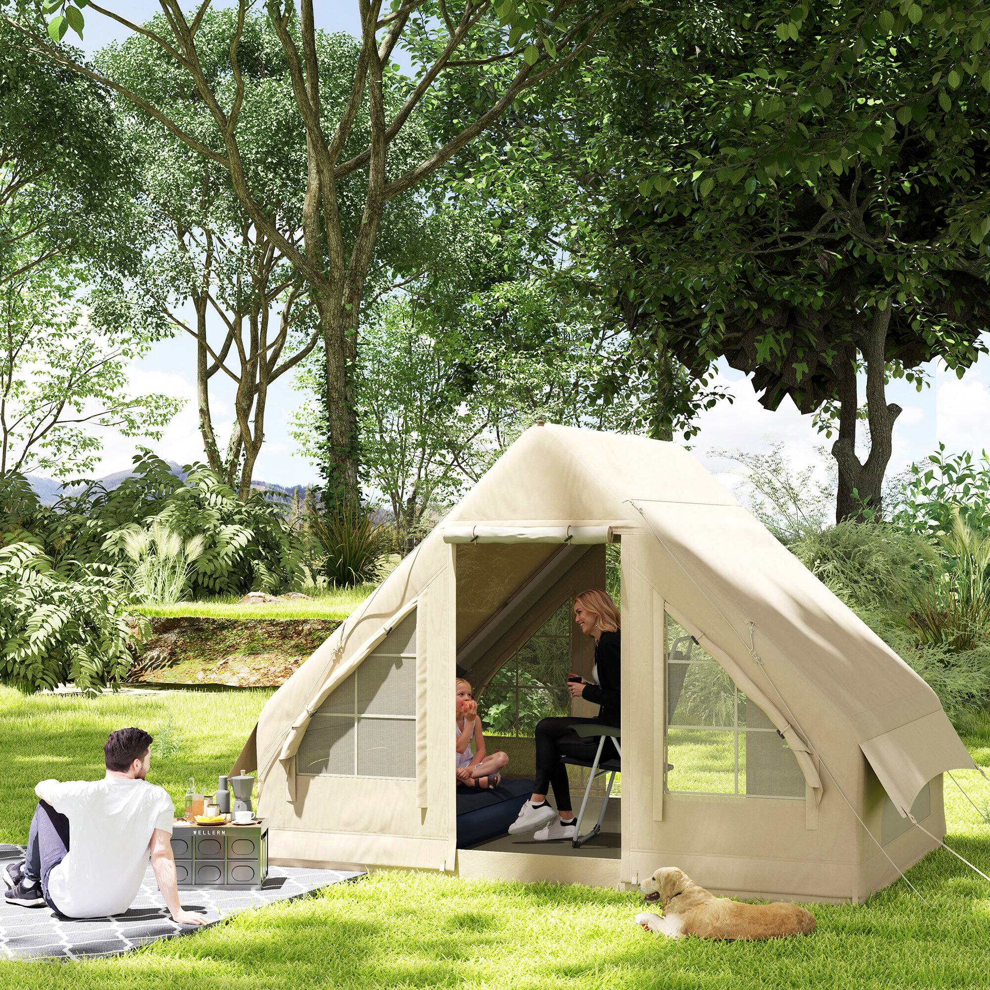 Alt View 1. Outsunny - Inflatable Tents for Camping, Easy Setup Blow Up Tent, 420D Oxford Waterproof, Windproof 4 Season Glamping Tent - Sand.