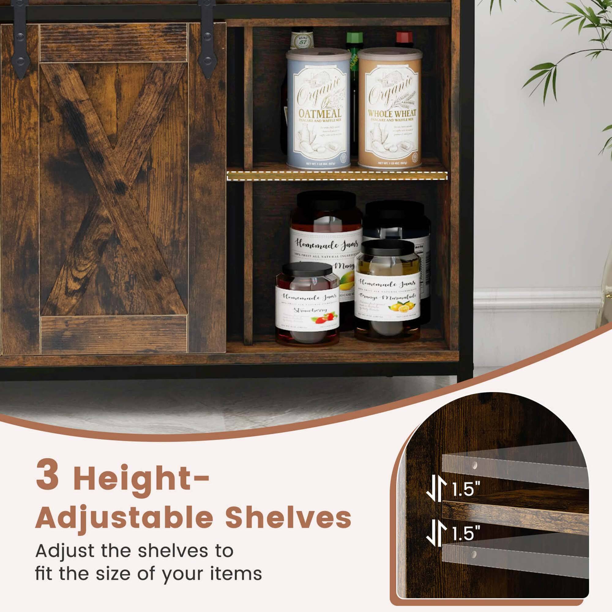 The image features a wooden cabinet with three height-adjustable shelves. The shelves are designed to fit the size of your items, providing a convenient storage solution. The cabinet is filled with various items, including a bottle of oatmeal, a bottle of whole wheat, and a bottle of maple syrup. The arrangement of these items on the shelves showcases the versatility and functionality of the cabinet.