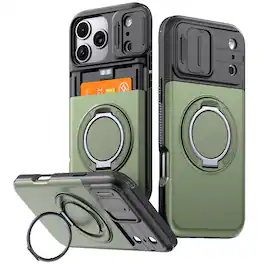 UUCOVER - Rugged Protective Case for iPhone 17 Pro Max with Sliding Camera Cover, Card Holder, 360° Magnetic Ring Kickstand Cover - Green