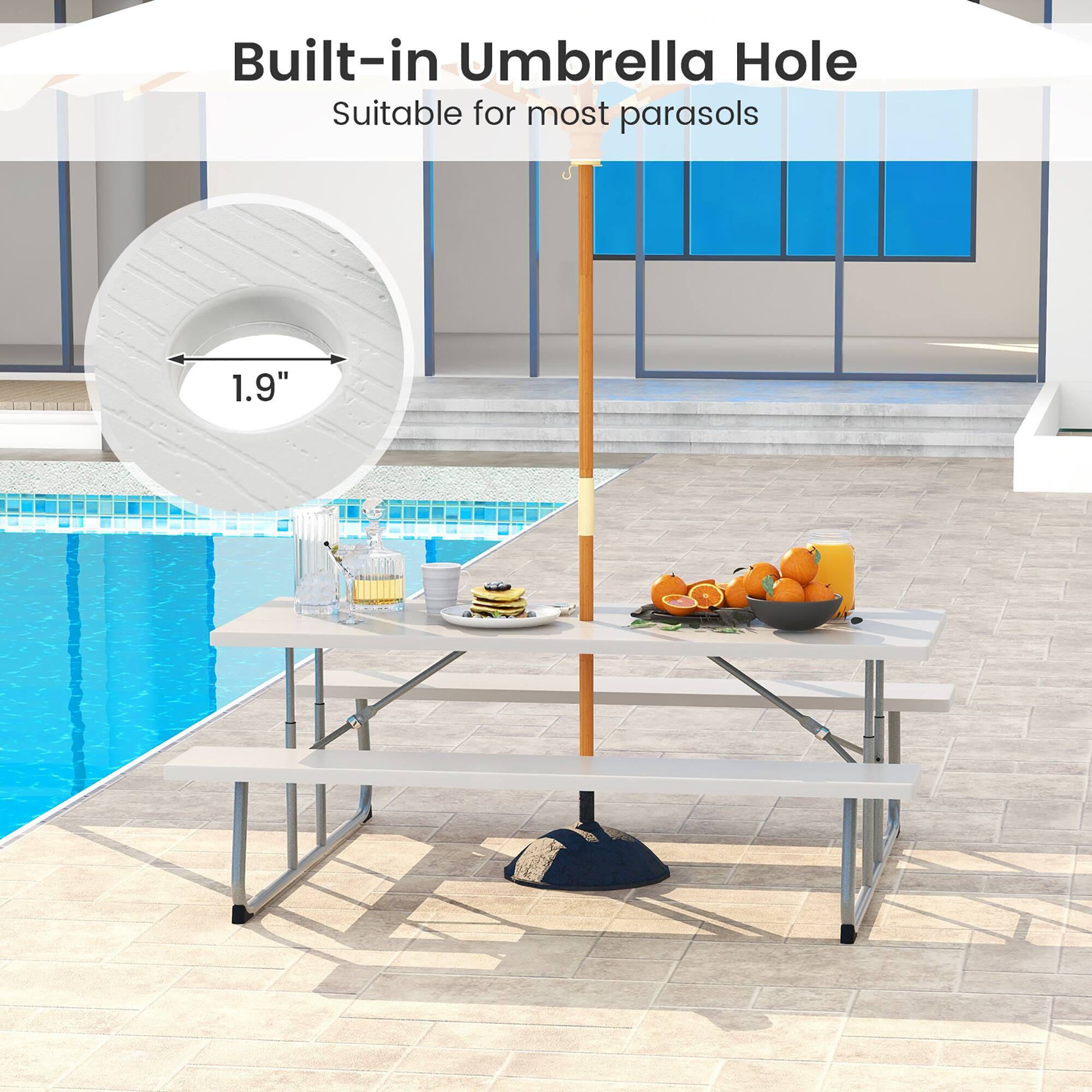 Built-in Umbrella Hole  
Suitable for most parasols  
1.9"