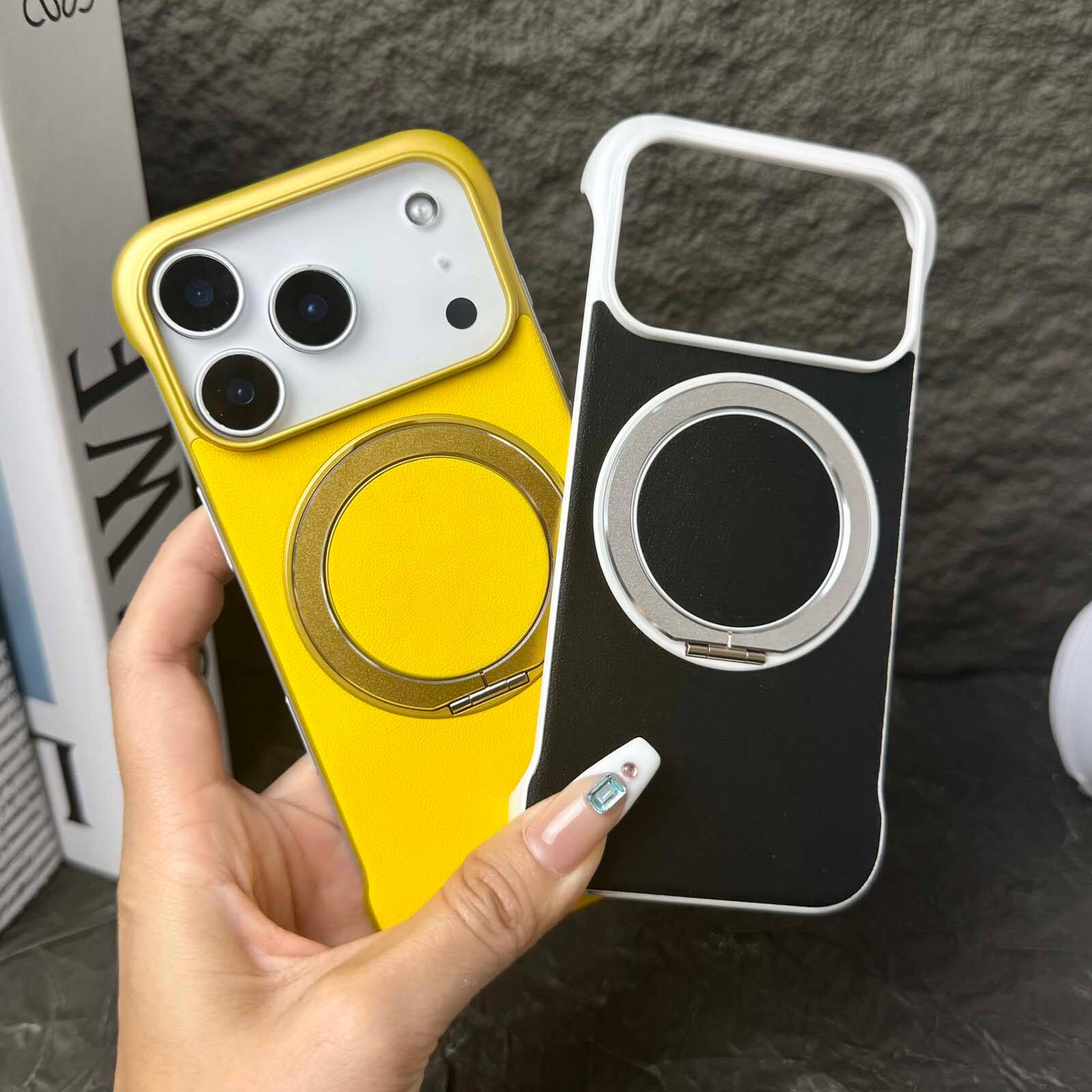 Angle. Dteck - Frameless Slim Phone Case for Apple iPhone 17 Pro Built-in Ring Stand, Magnetic Rugged Shockproof Hard PC Back Cover - Gray.