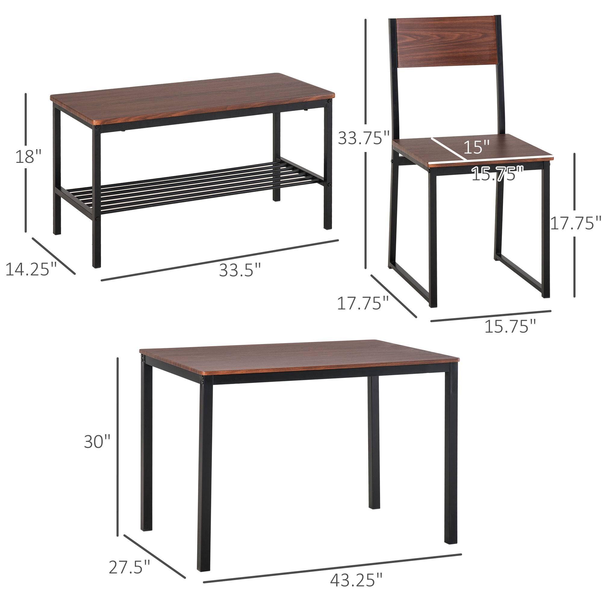 - Table dimensions:
  - Width: 33.5"
  - Depth: 18"
  - Height: 30"
  - Seat height: 17.75"
  - Shelf height: 14.25"
  - Overall height: 27.5"
  - Overall width: 43.25"

- Chair dimensions:
  - Width: 15"
  - Depth: 15.75"
  - Height: 33.75"
  - Seat height: 17.75"
  - Overall height: 15.75"