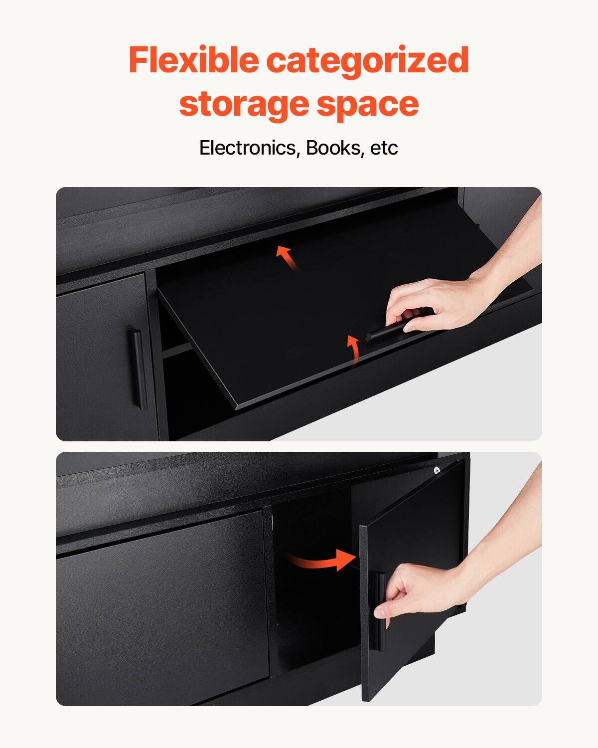 Flexible categorized storage space  
Electronics, Books, etc