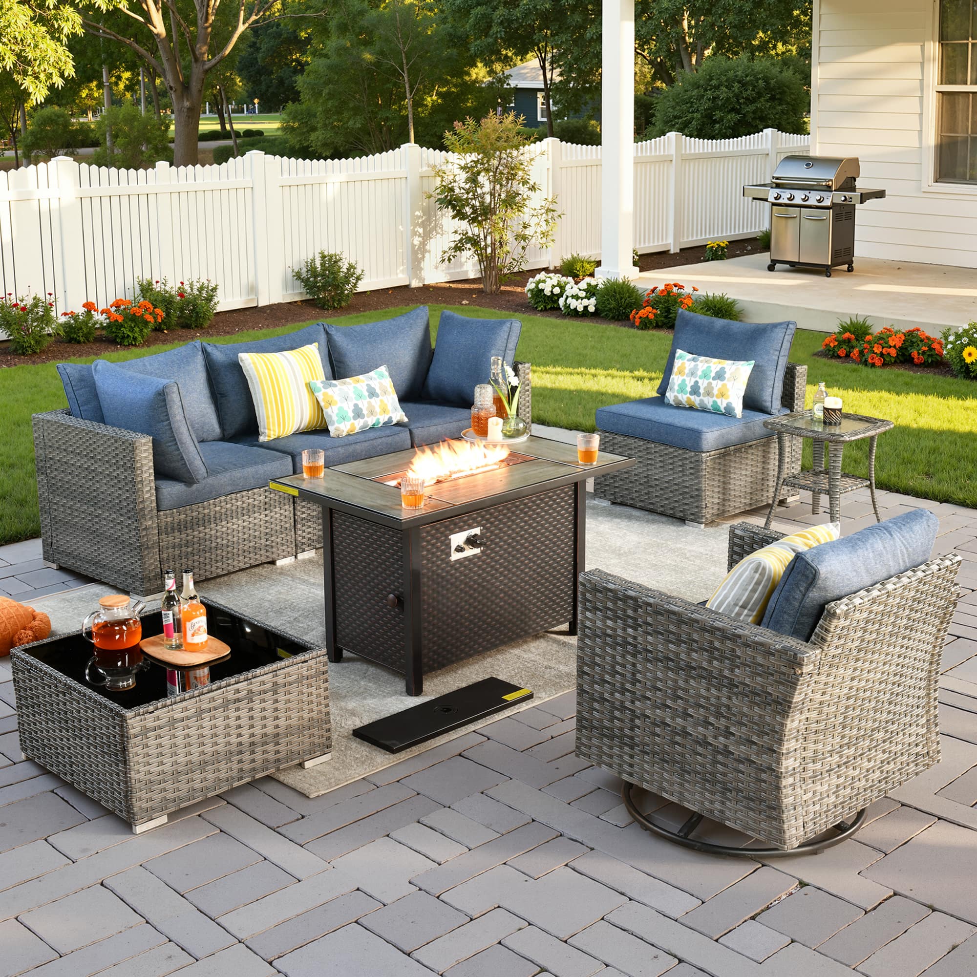 Ovios - 8 PCS Patio Furniture Set with 42" Fire Pit Table, Outdoor Sectional Sofa with Coffee Table - Denim Blue