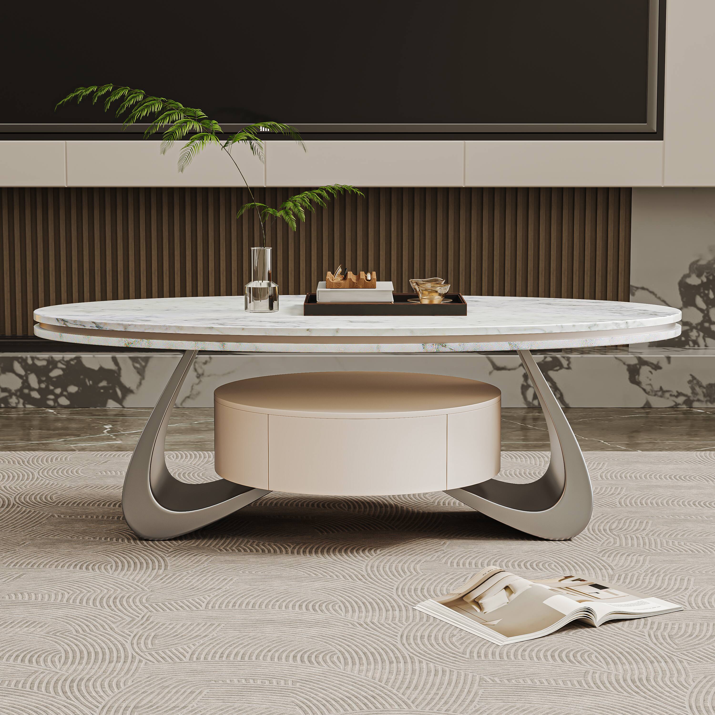 Alt View 1. MSOOB - 47.2'' Modern Sintered Stone Coffee Table With Oval Luxury Top, Stainless Steel Base And Storage Drawer For Living Room - White.