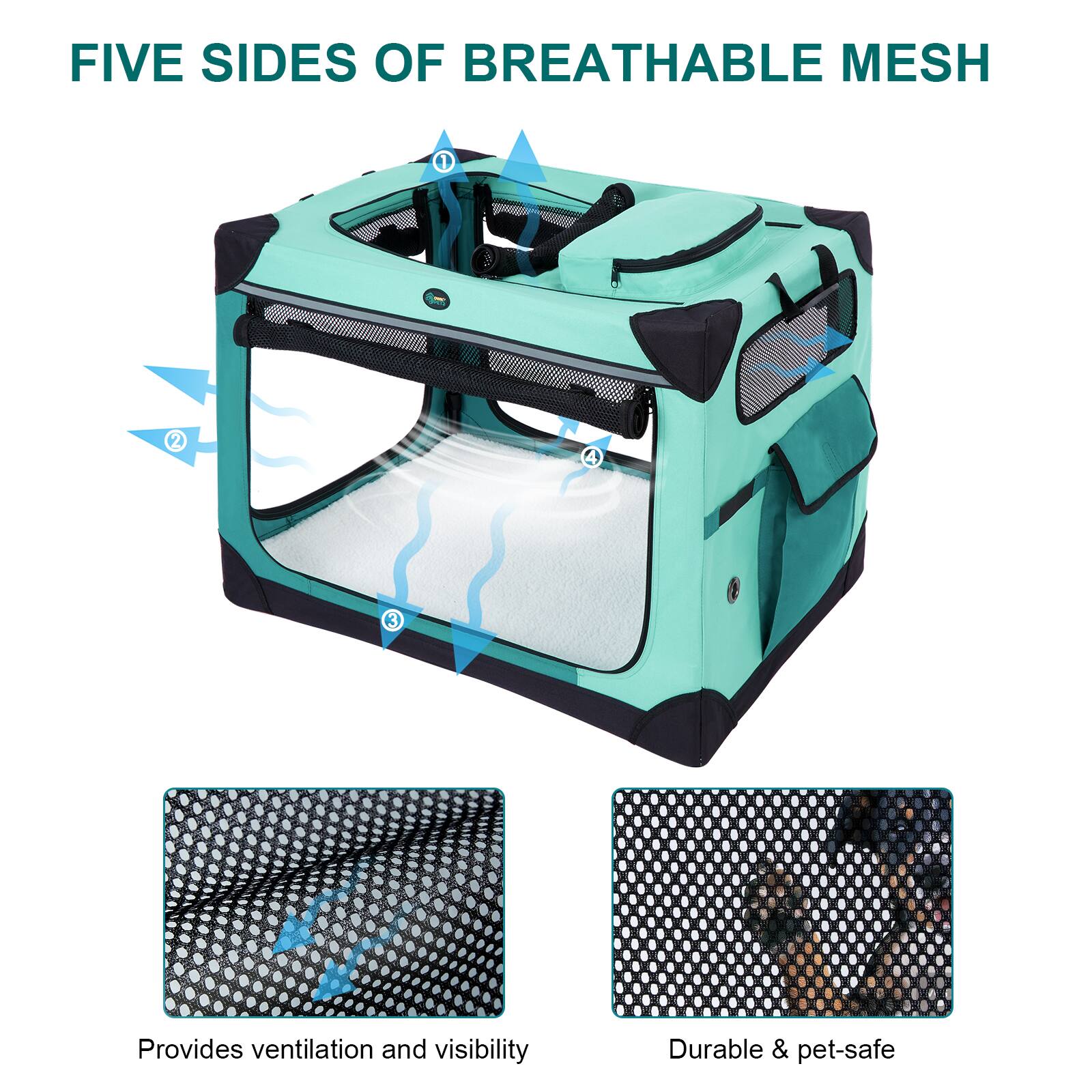FIVE SIDES OF BREATHABLE MESH

1. Provides ventilation and visibility
2. Durable & pet-safe