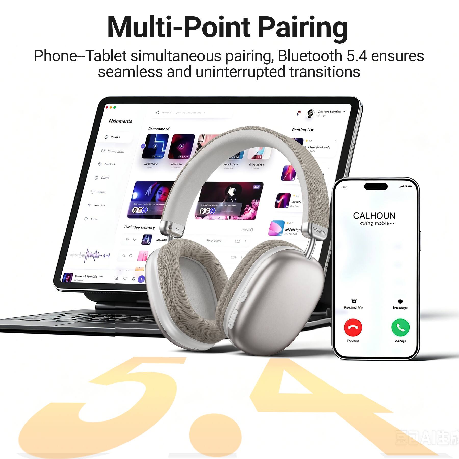 Multi-Point Pairing  
Phone-Tablet simultaneous pairing, Bluetooth 5.4 ensures seamless and uninterrupted transitions