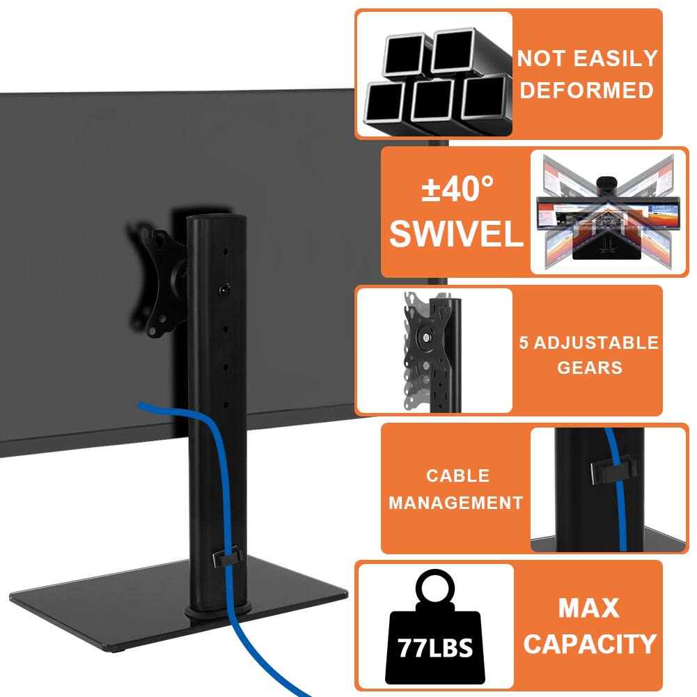 - NOT EASILY DEFORMED
- ±40° SWIVEL
- 5 ADJUSTABLE GEARS
- CABLE MANAGEMENT
- MAX 77LBS CAPACITY
