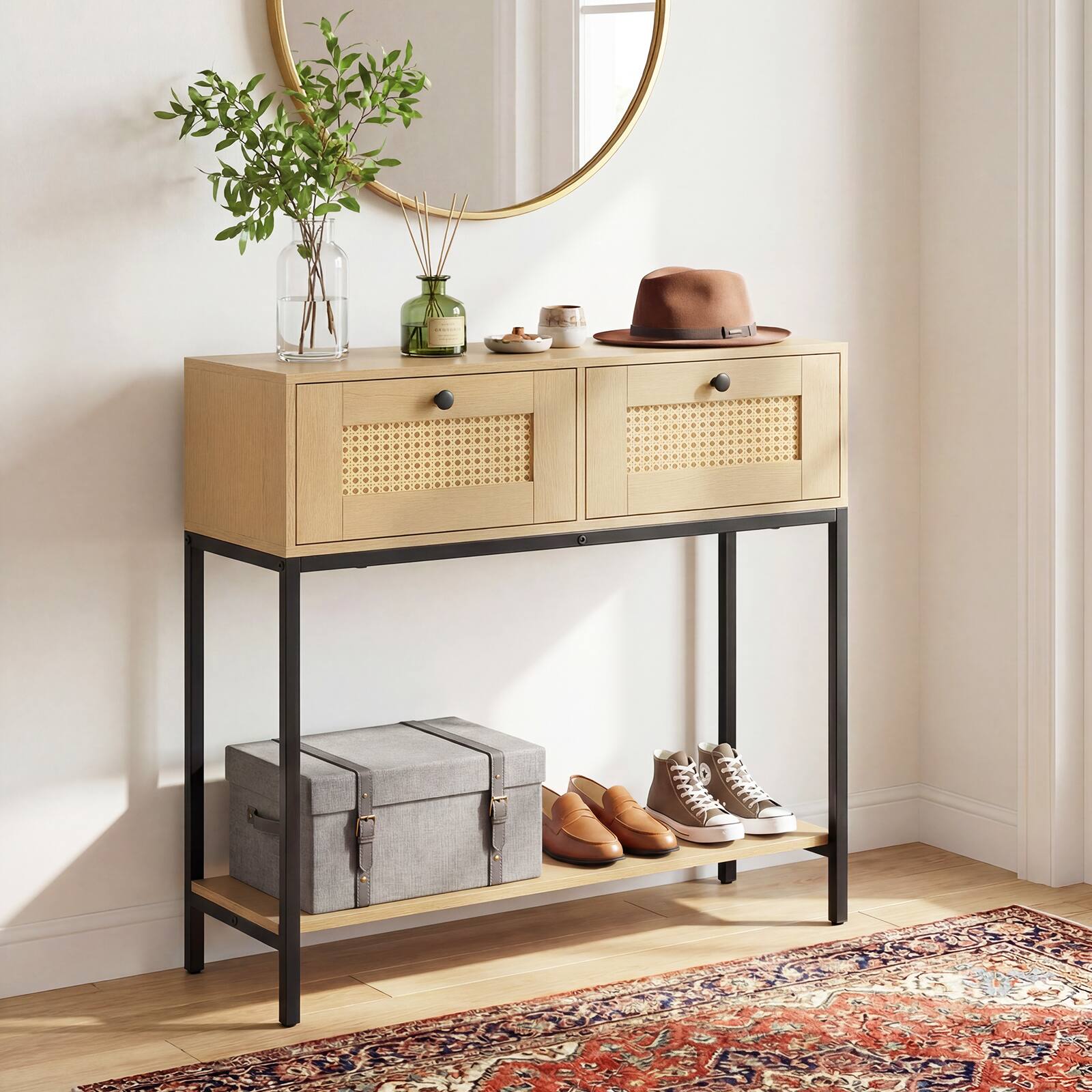 Alt View 4. Costway - Costway Rattan Console Table with 2 Rattan Drawers & Open Storage Shelf Metal Legs - Oak.
