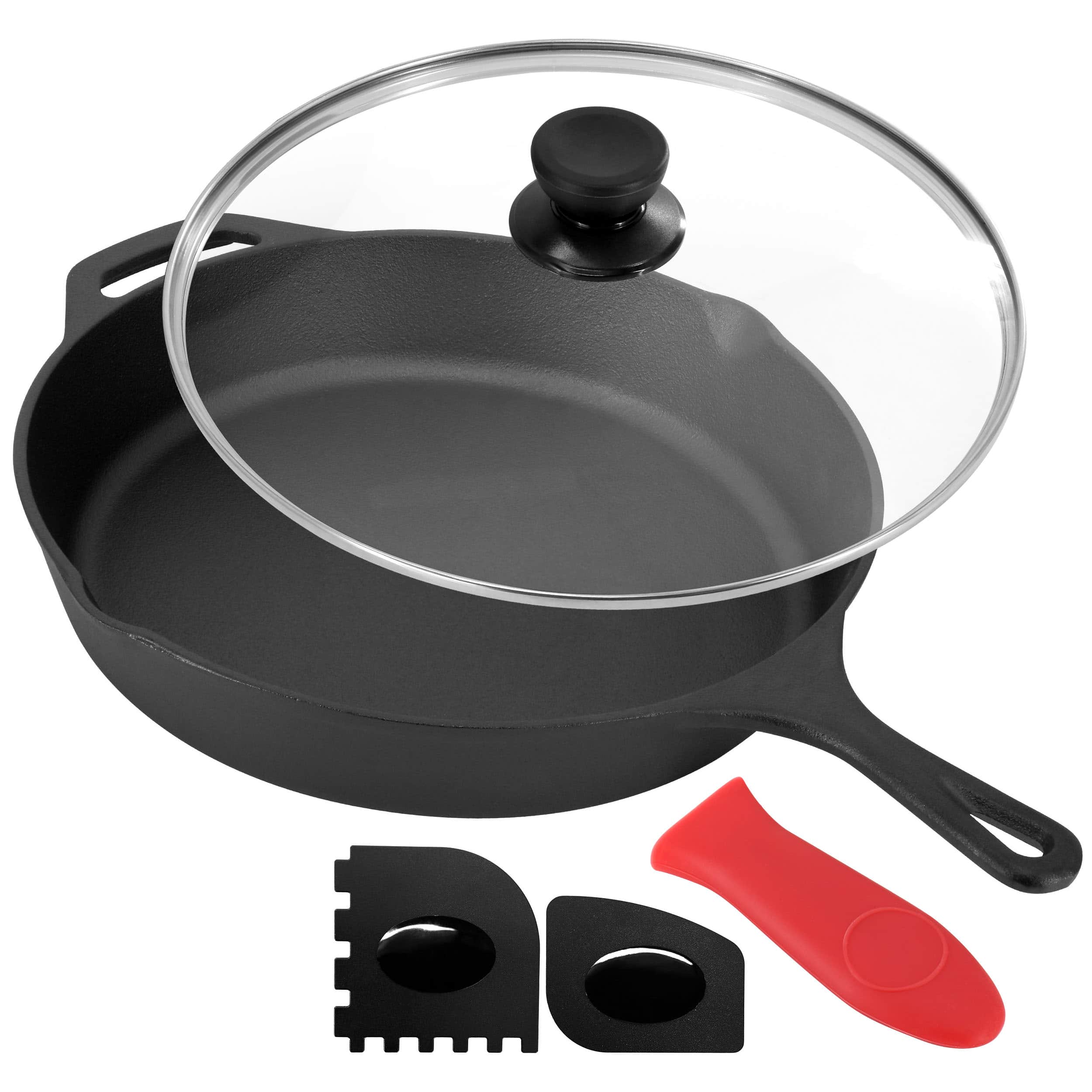 Alt View 1. MegaChef - MegaChef 12 Inch Pre-Seasoned Cast Iron Skillet with Tempered Glass Lid - Black and Red.
