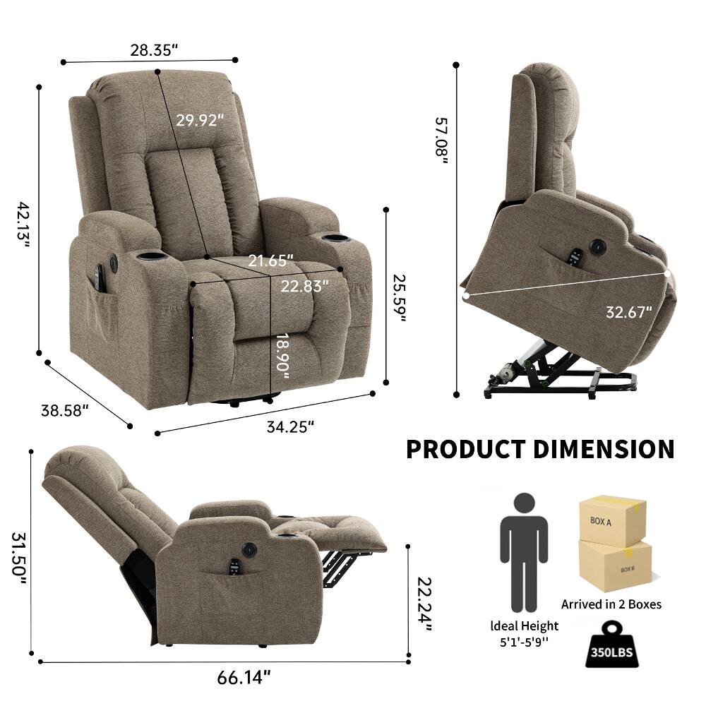 28.35"  
42.13" 38.58"  
29.92" 21.65" 22.83" 18.90" 34.25"  
57.08" 25.59" 32.67"  
PRODUCT DIMENSION  
31.50"  
66.14"  
22.24"  
BOX A BOX B  
Arrived in 2 Boxes  
Ideal Height 5'1"-5'9"  
350LBS