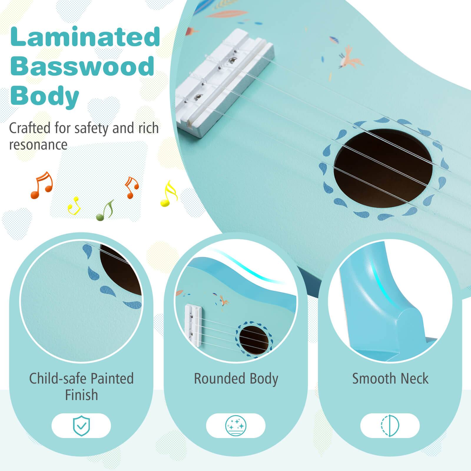 Laminated Basswood Body  
Crafted for safety and rich resonance  

Child-safe Painted Finish  

Rounded Body  

Smooth Neck