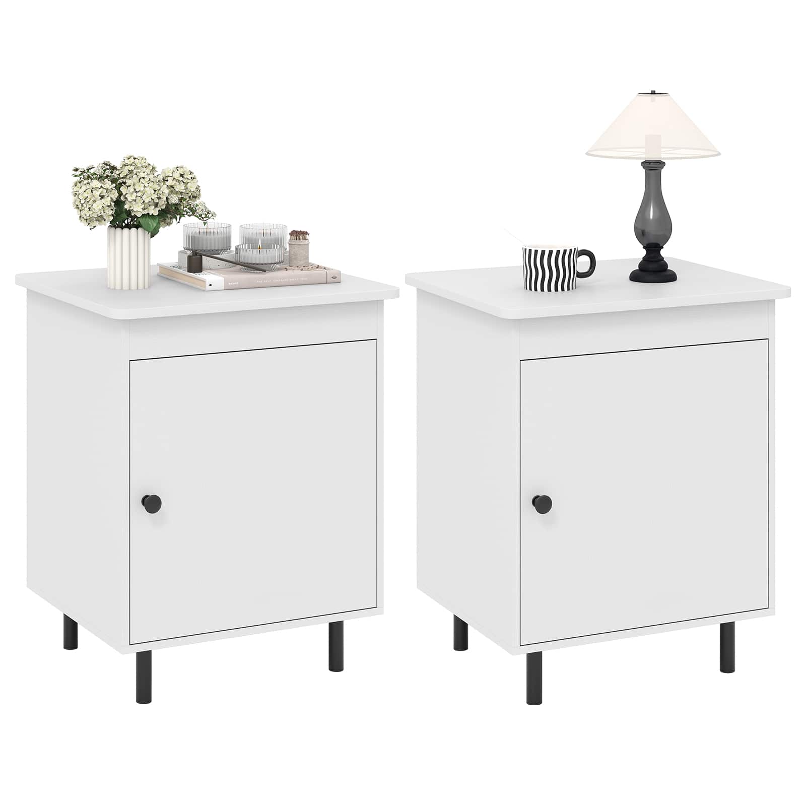Gymax - 2PCS Nightstand Mid Century Modern End Table w/Door Heavy-Duty Metal Legs - White, Black