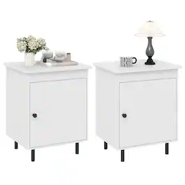Gymax - 2PCS Nightstand Mid Century Modern End Table w/Door Heavy-Duty Metal Legs - White, Black