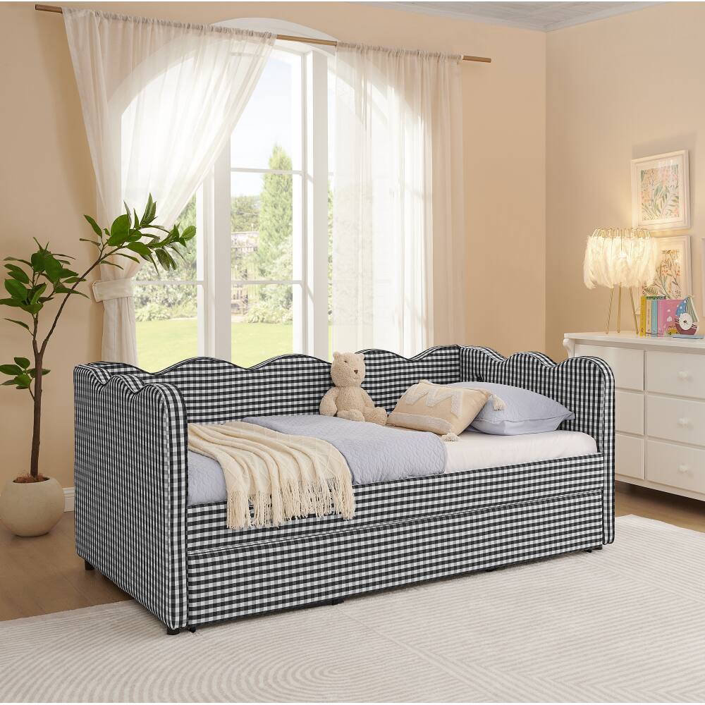 Back. JUJABU - Black Cozy Gingham Daybed with Twin Size Trundle No Box Spring Needed, with USB Port and Adorable Wave Shaped - Black.