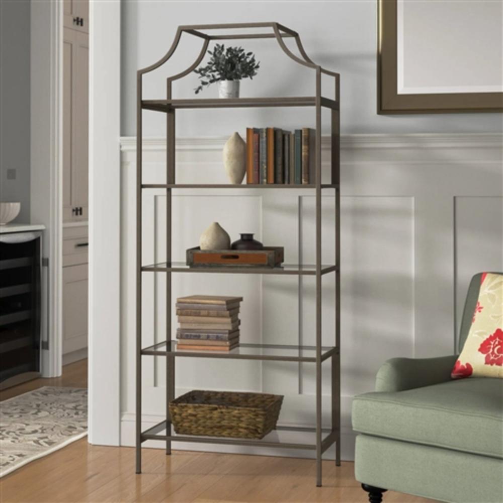 Angle. Hivvago - Elegant Bronze Metal Display Rack Etagere Bookcase with 5 Glass Storage Shelves - Bronze.