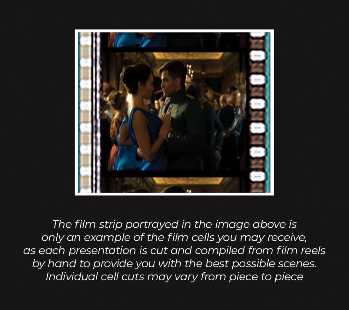 The film strip portrayed in the image above is only an example of the film cells you may receive, as each presentation is cut and compiled from film reels by hand to provide you with the best possible scenes. Individual cell cuts may vary from piece to piece.