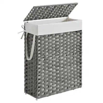 Front. Songmics Home - Slim Laundry Hamper with Lid and Handles, 14.5 Gallon (55L) Rattan Clothes Laundry Basket, Foldable, Removable Liner - Dove Gray.
