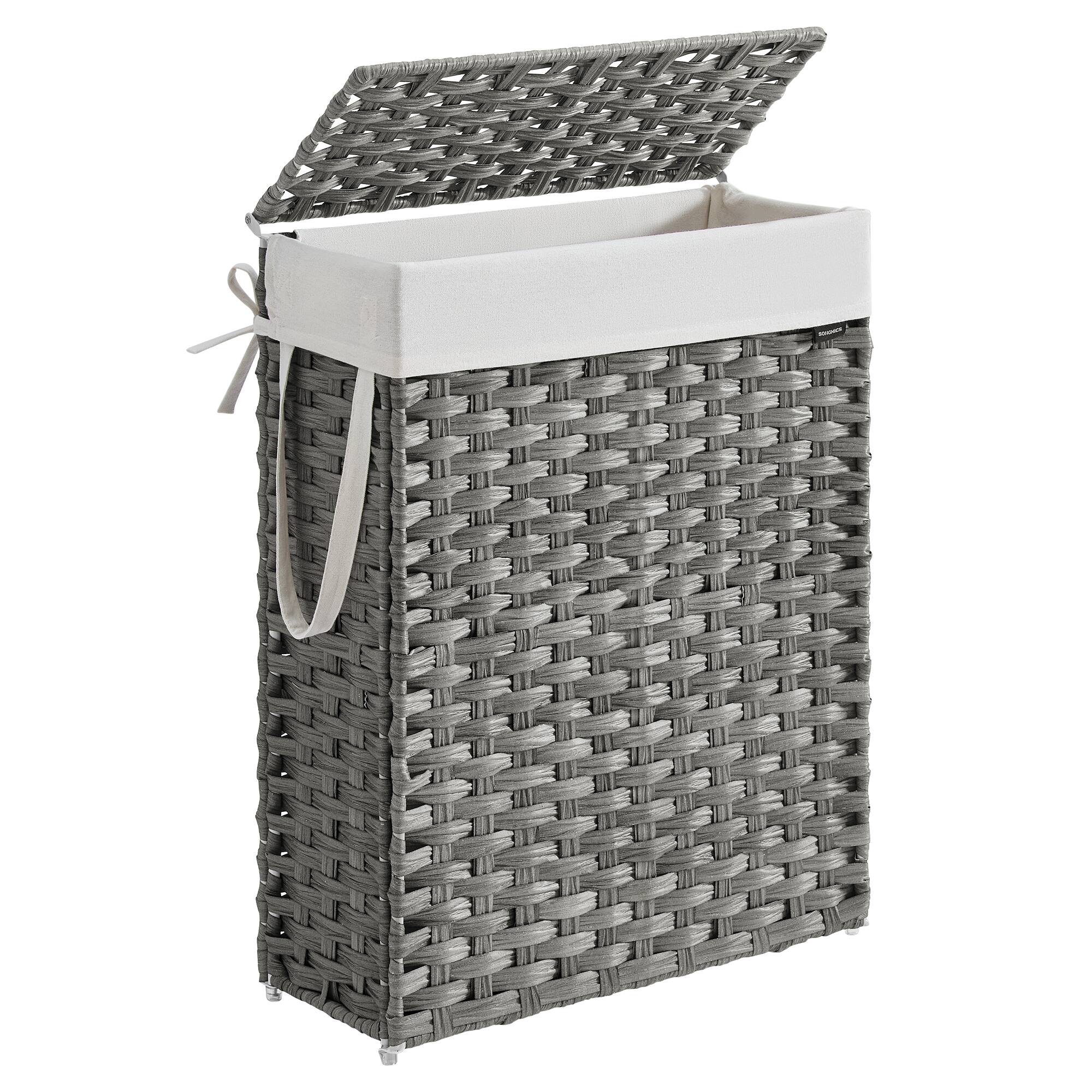 Front. Songmics Home - Slim Laundry Hamper with Lid and Handles, 14.5 Gallon (55L) Rattan Clothes Laundry Basket, Foldable, Removable Liner - Dove Gray.