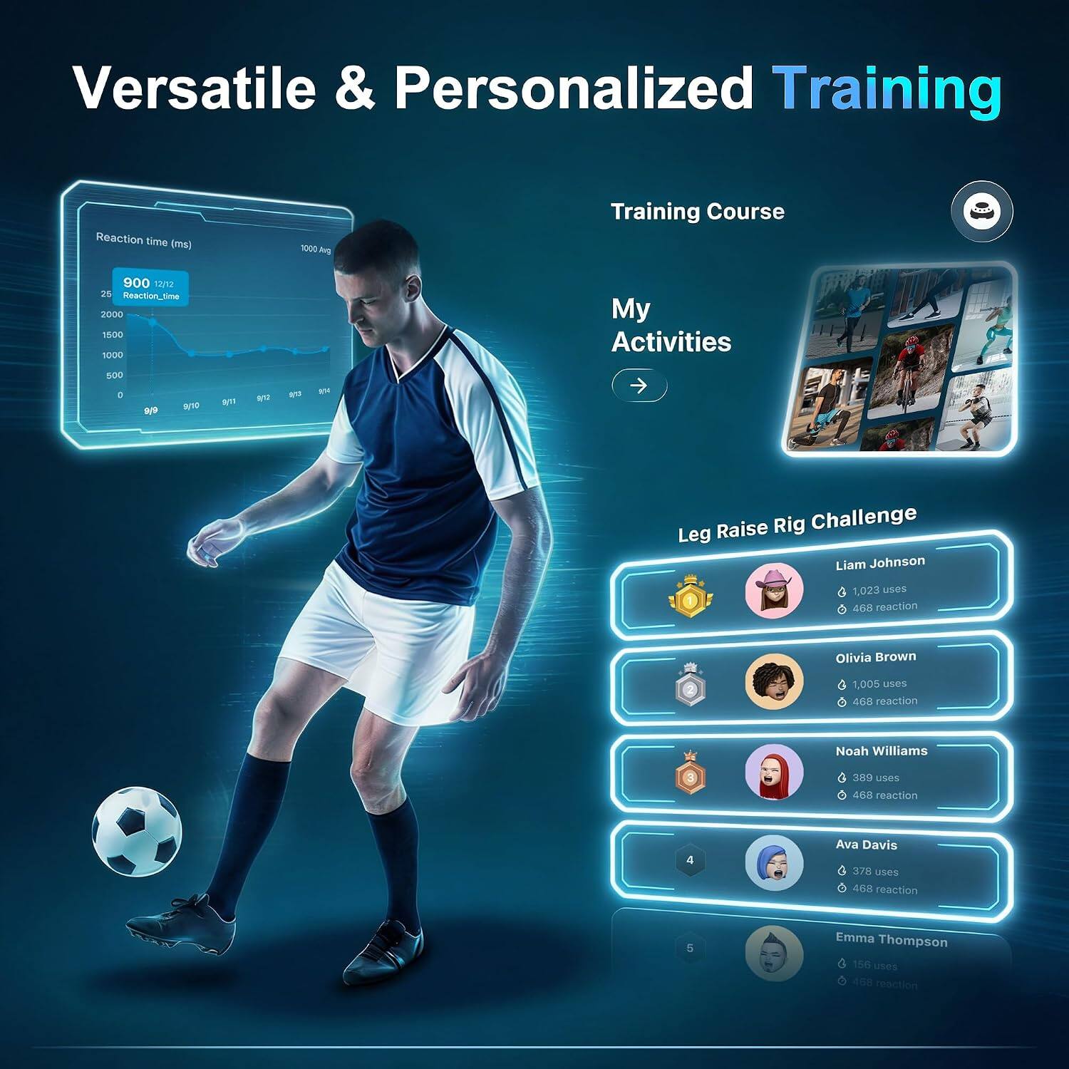 Versatile & Personalized Training

Reaction time (ms)
900 12/12 25 Reaction_time 2000 1500 1000

Training Course

My Activities

Leg Raise Rig Challenge

Liam Johnson
1,023 uses 468 reaction

Olivia Brown
1,005 uses 468 reaction

Noah Williams
389 uses 468 reaction

Ava Davis
378 uses 468 reaction

Emma Thompson
166 uses 468 reaction