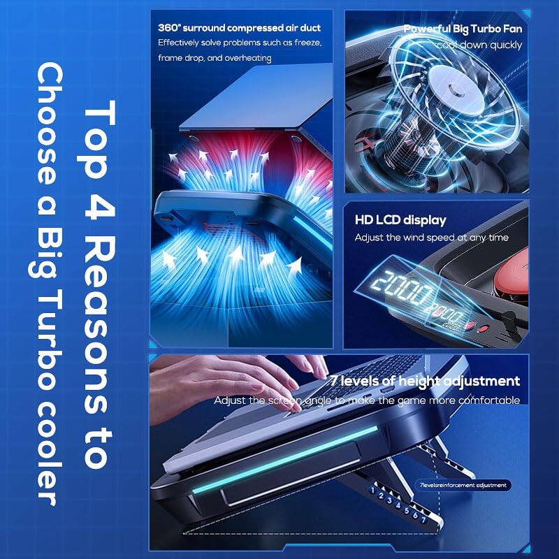 Choose a Big Turbo Cooler

Top 4 Reasons to

- 360° surround compressed air duct
  Effectively solve problems such as freeze, frame drop, and overheating

- Powerful Big Turbo Fan
  Cool down quickly

- HD LCD display
  Adjust the wind speed at any time

- 7 levels of height adjustment
  Adjust the screen angle to make the game more comfortable
