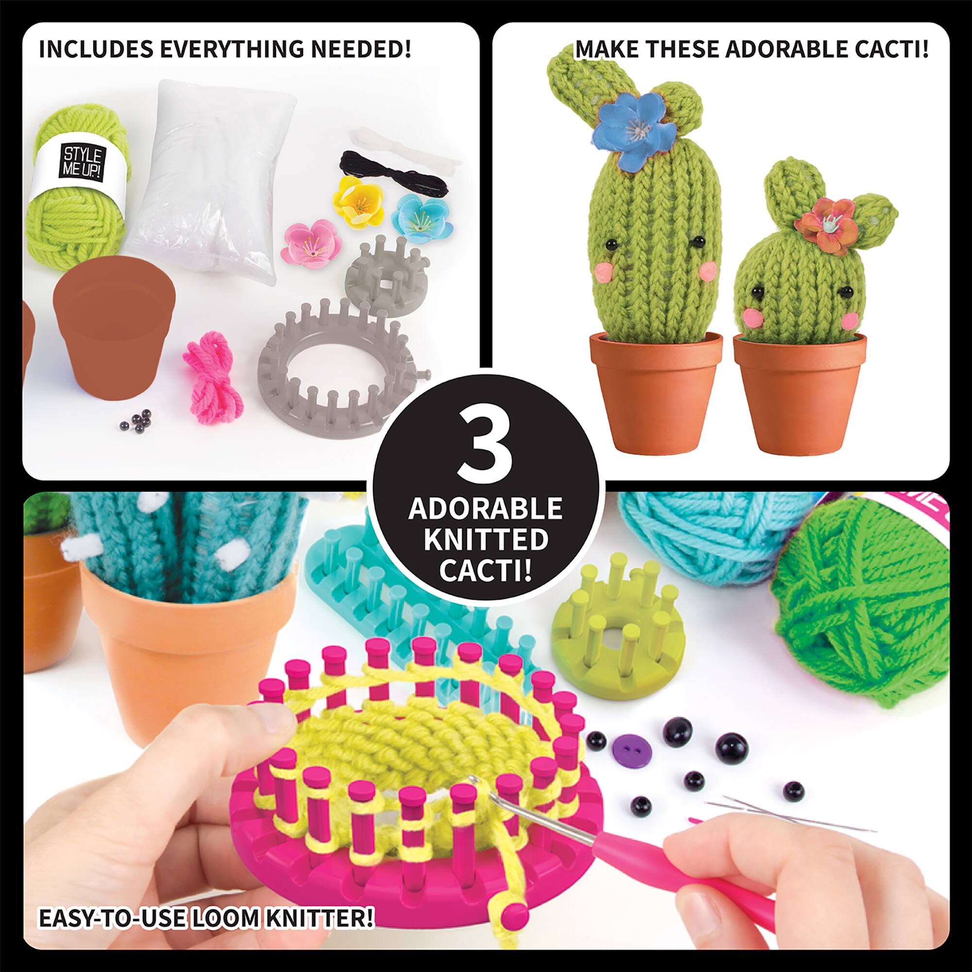 Includes everything needed! Make these adorable cacti! Easy-to-use loom knitter!