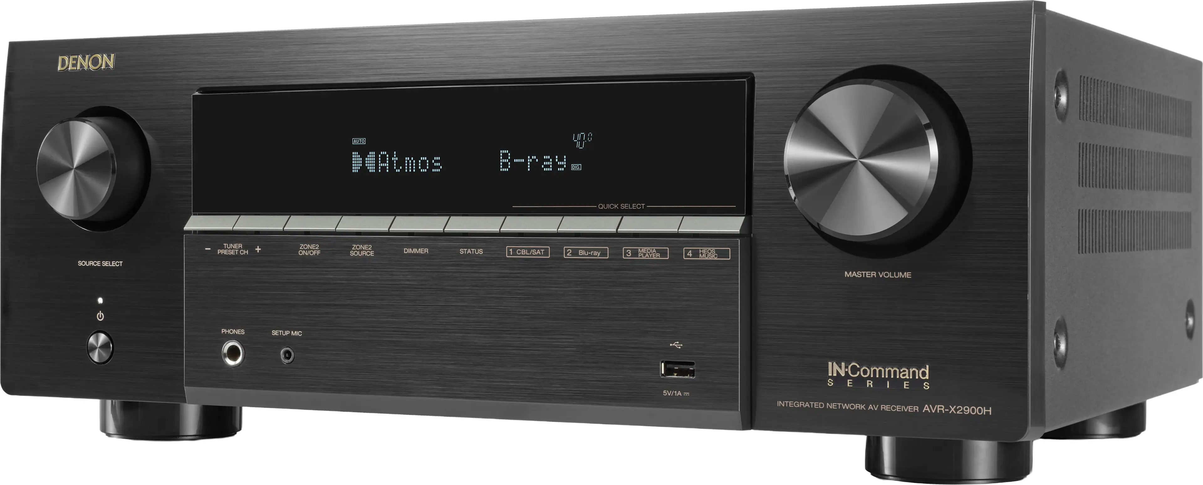 DENON  
4Atmos  
B-ray  
QUICK SELECT  
SOURCE SELECT  
TUNER  
PRESET  
ZONE2  
SOURCE  
CINEMA  
STATUS  
1  
CUL/BAT  
Hray  
LCA  
3  
PVE  
4  
23  
MASTER VOLUME  
PHONES  
SETUP  
MIC  
SWI  
IN-Command SERIES  
INTEGRATED NETWORK AV RECEIVER  
AVR-X2900H
