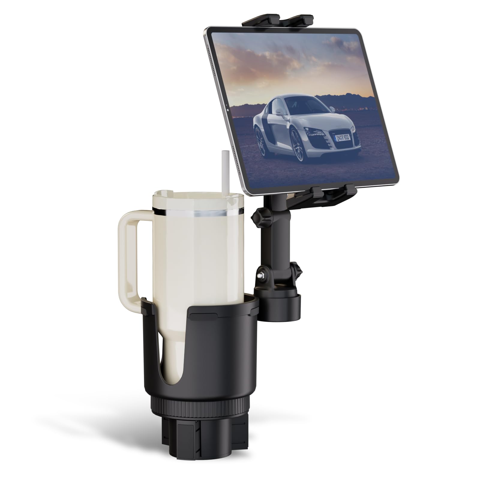 Front. TECH SAFARI - Tablet Cup Holder Car Mount With 3 9  Cupholder 2 in 1 Retractable Arm Truck Stand For 5  13  Ipad Pro 12 9 - 2-in-1 Cup Holder.