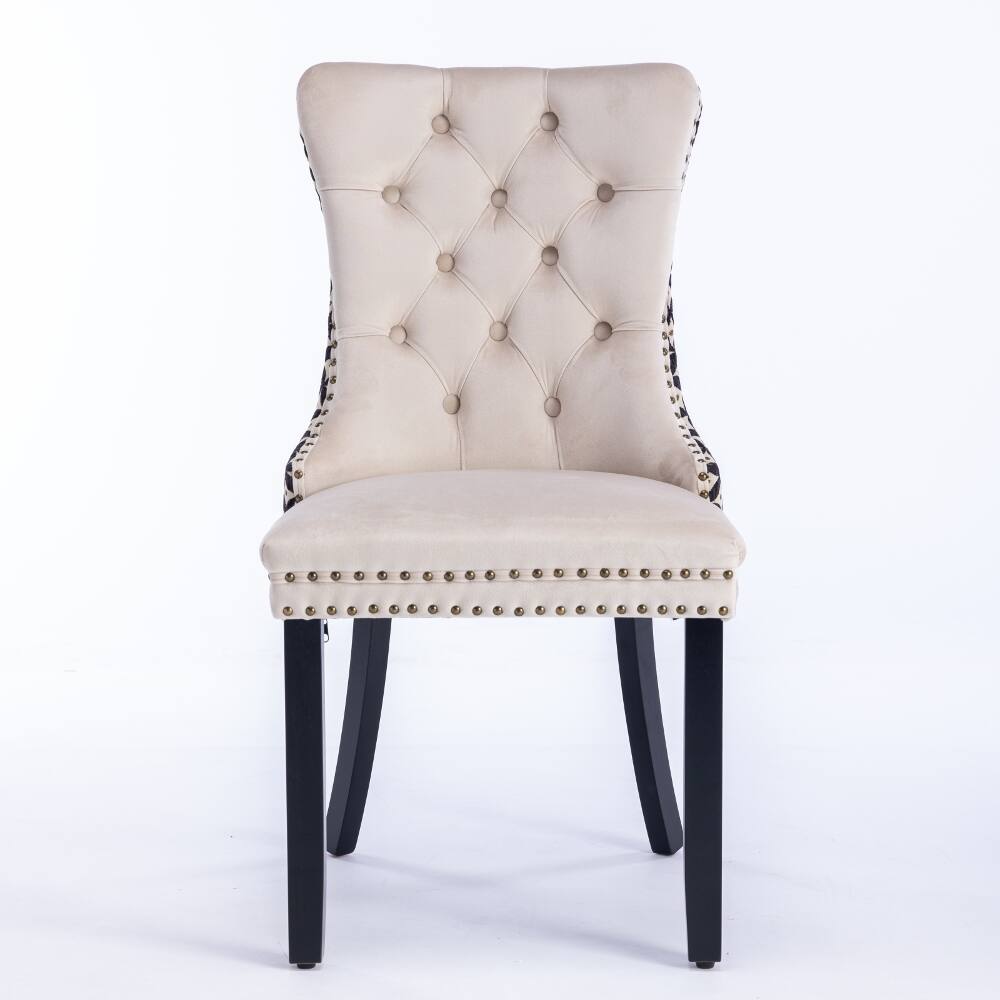 Angle. Loheer - Loheer Velvet Dining Chairs Set of 2, Beige Tufted Upholstered Solid Wood High Back with Nailhead Trim - Beige.
