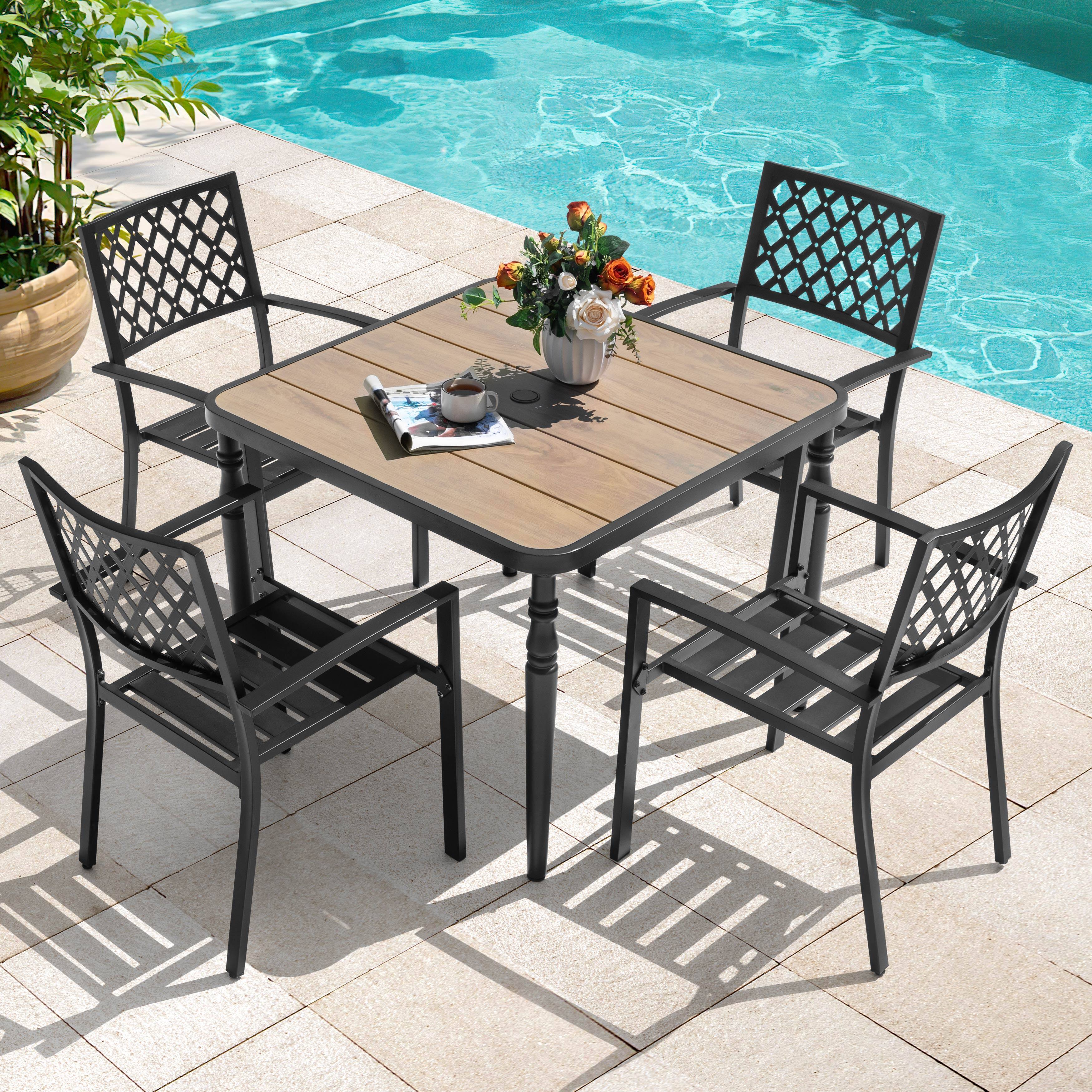 Angle. Nuu Garden - 5PCS Patio Metal Dining Set with Wood-Grain Tabletop and Umbrella Hole - Black.