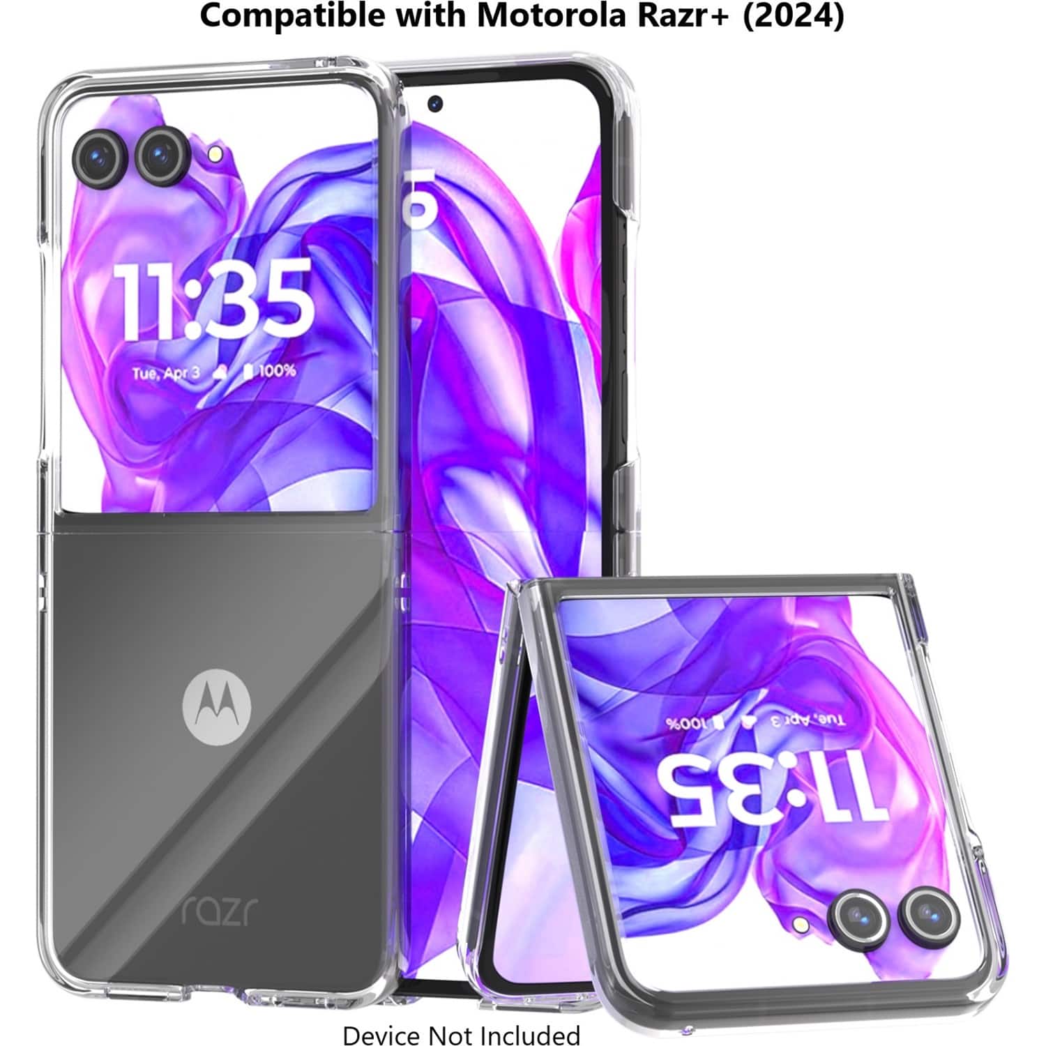 Compatible with Motorola Razr+ (2024) 11:35 Tue, Apr 3 100% O M 100% 3 Tue. Apr 11:35 razr Device Not Included