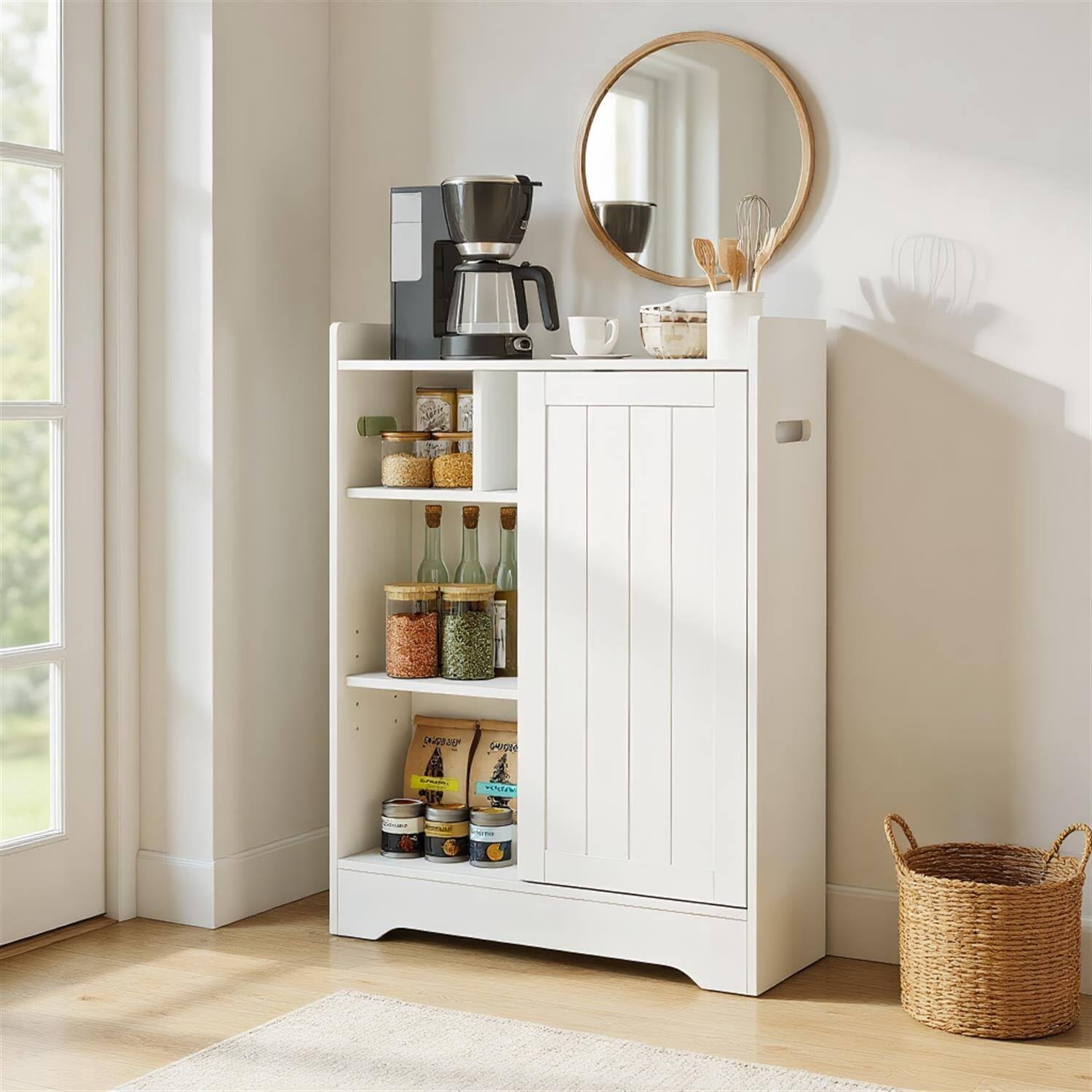 Pefilos - Slim Bathroom Floor Storage Cabinet, Toilet Paper Holders, Sliding Doors - White