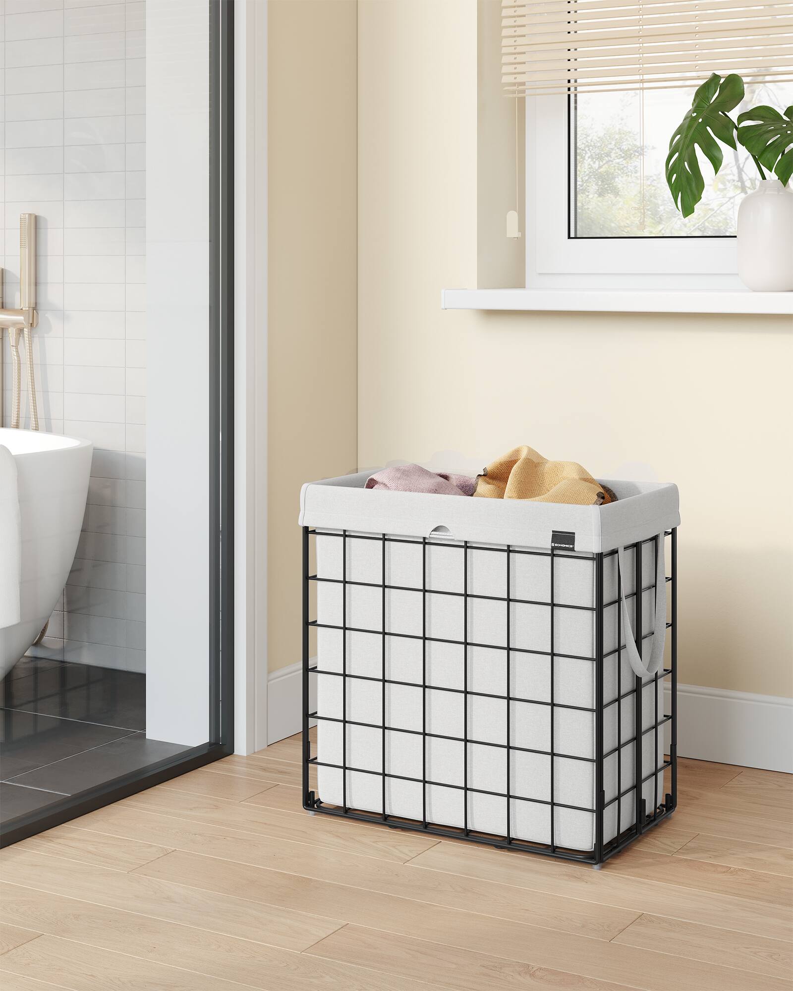 Left. Songmics Home - Laundry Hamper,29 Gal. (110L) Laundry Basket,Collapsible,Removable and Washable Liner,Metal Wire Frame - Cream White.