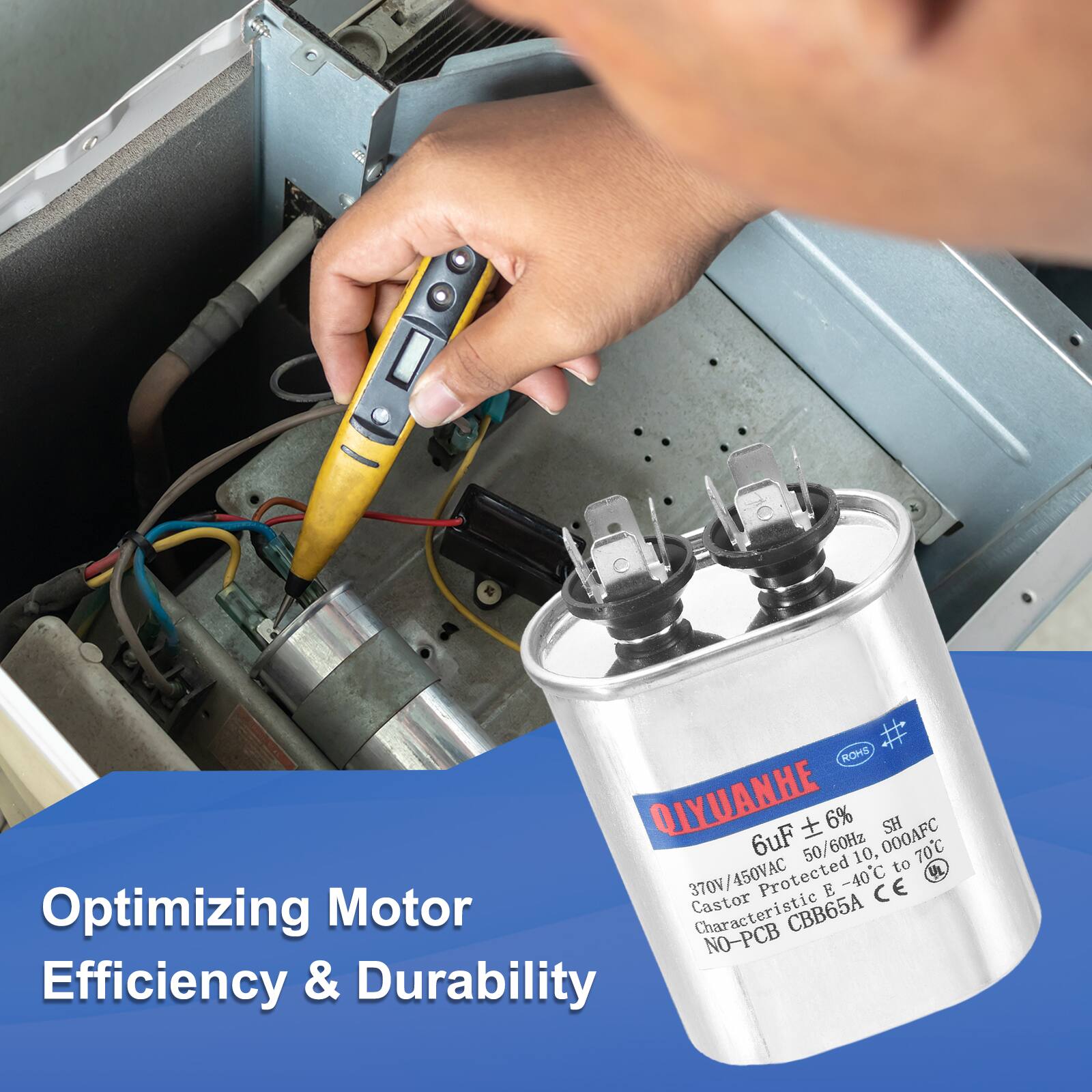ROHS QIYUANHE 6uF 6% 000AFC SH 50/60Hz 10, 70C to UL 370V/450VAC 370V Protected E -40C CE Optimizing Motor Castor Characteristic CBB65A NO-PCB Efficiency & Durability