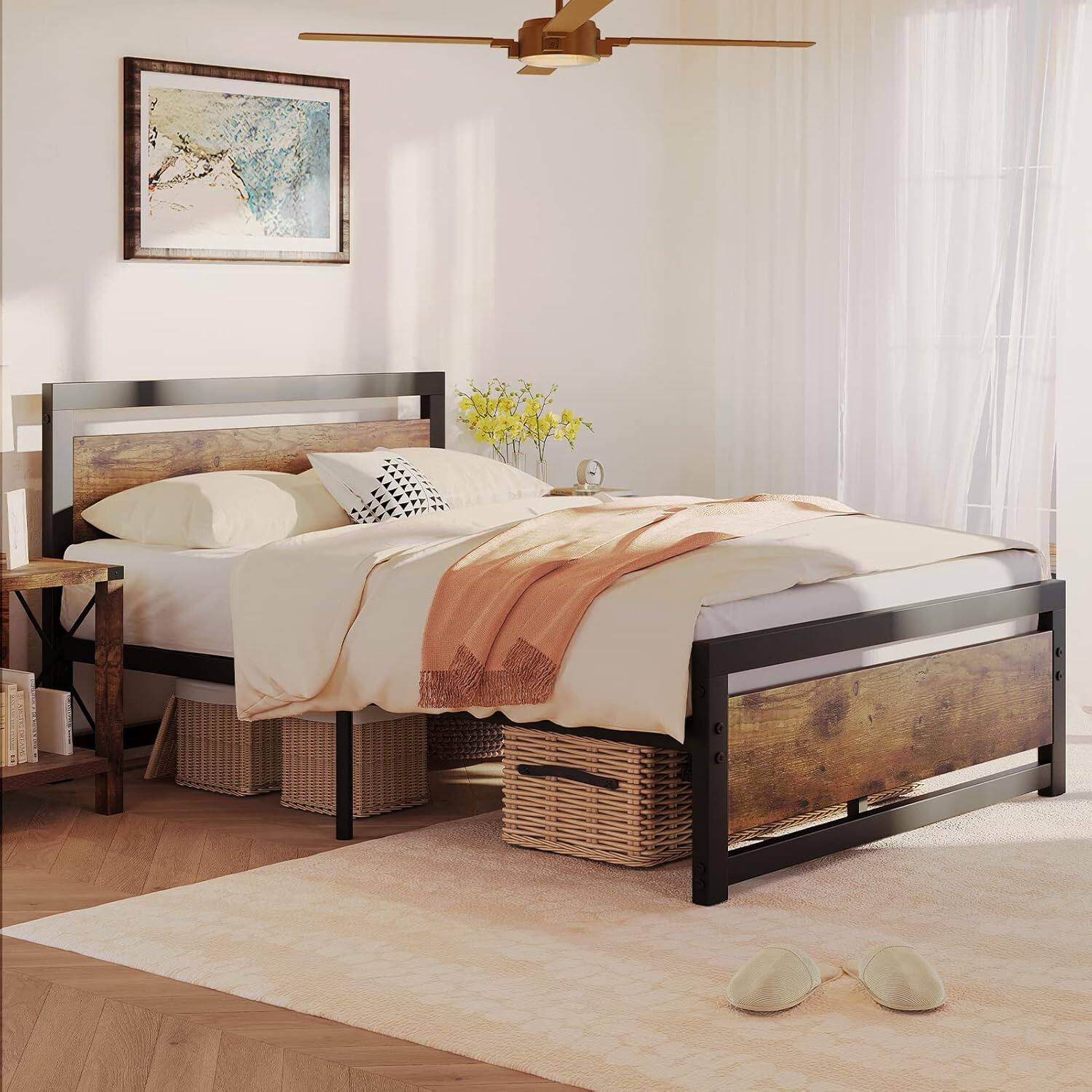 Homhougo- Full Size Bed Frame with Wooden Headboard and Footboard, Metal Full Bed Platform No Box Spring Needed, 14 inch Easy to- Rustic Brown- Upgrade