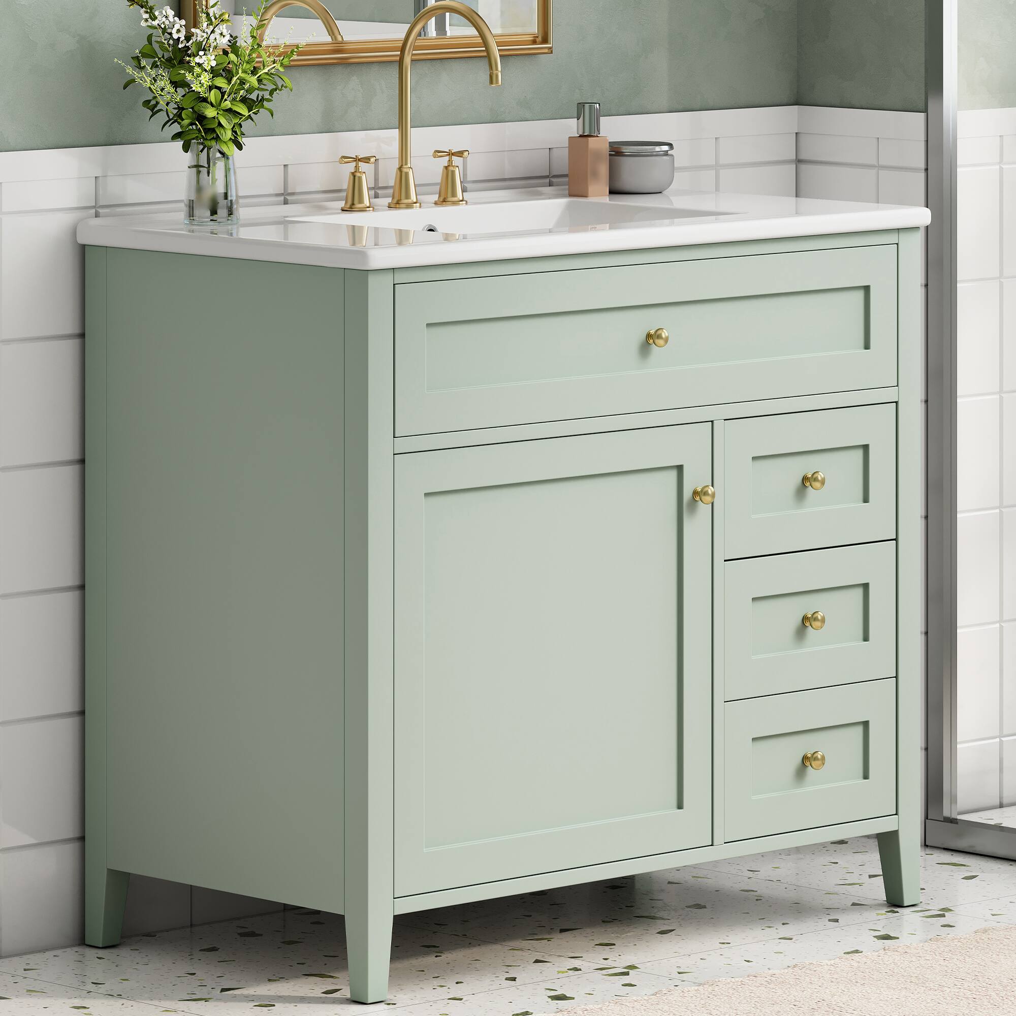 Angle. Whisen - 36 Inch Bathroom Vanity with Ceramic Sink Combo Modern 3 Drawer 1 Door Storage Cabinet Freestanding - Light Green.